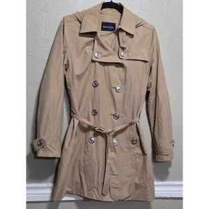 Nautica Women Tan Hooded Double Breasted Belted Trench Coat Jacket Size M hooded